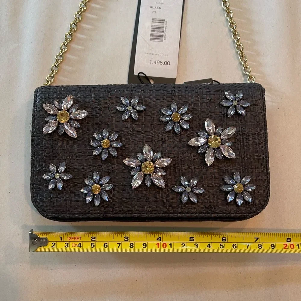 Dolce&Gabbana Floral Embellished Black Raffia Clutch NWT Pristine Condition